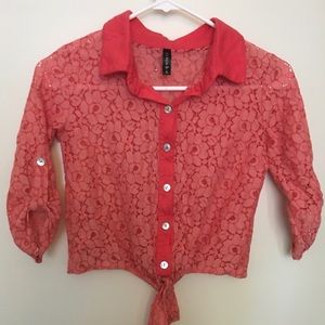 Girls Fulltilt Coral Lace Button Up Tie Top